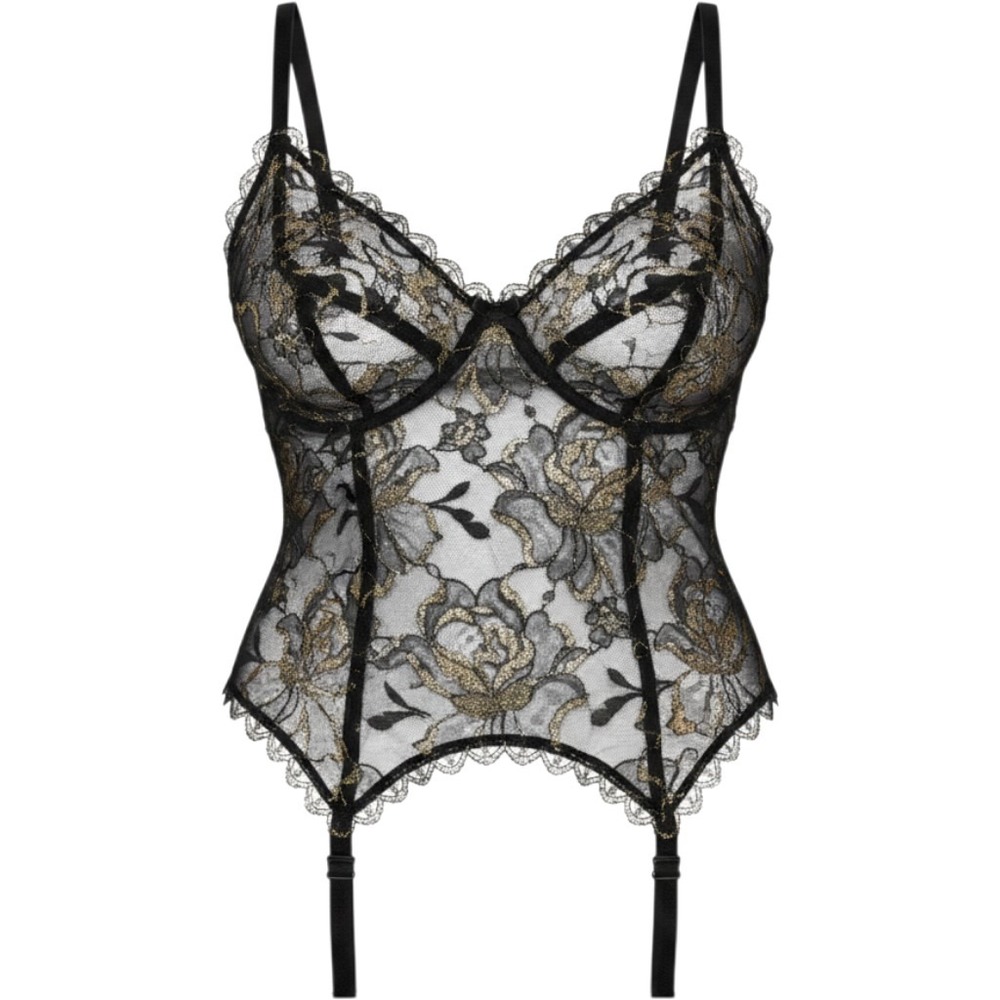 Shirley of Hollywood Vintage Black Gold Lace Garter Bustier Corset Top 32 9304